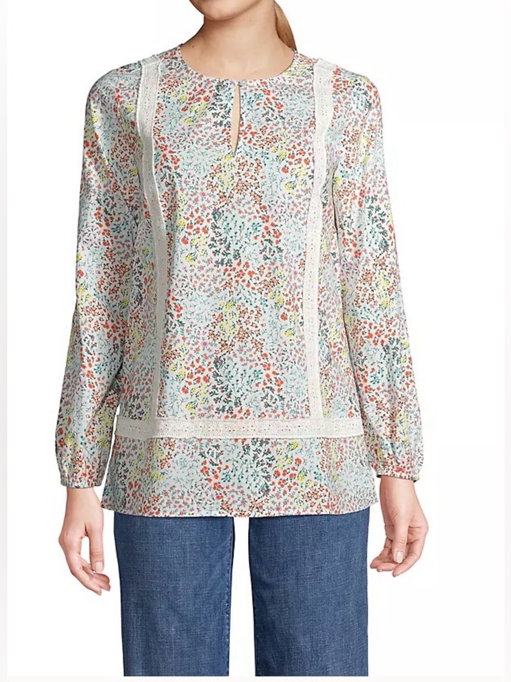 Women’s Lands End Ivory Mini Floral Cotton Long Sleeve Split Neck Tunic Poplin M